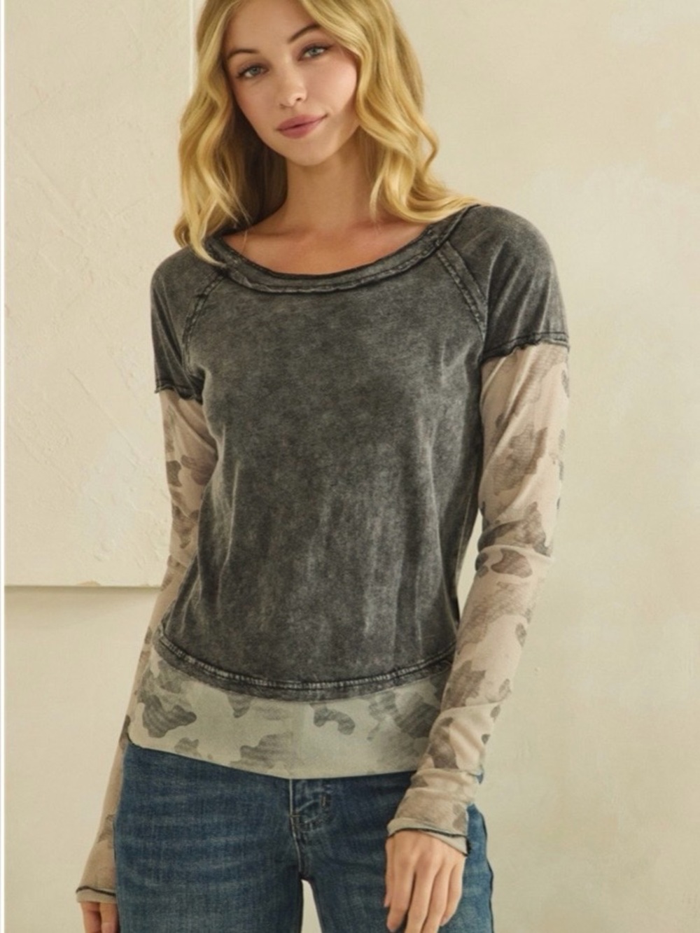 Oli and Hali Washed Charcoal & Camo Sleeve Long-Sleeve Top